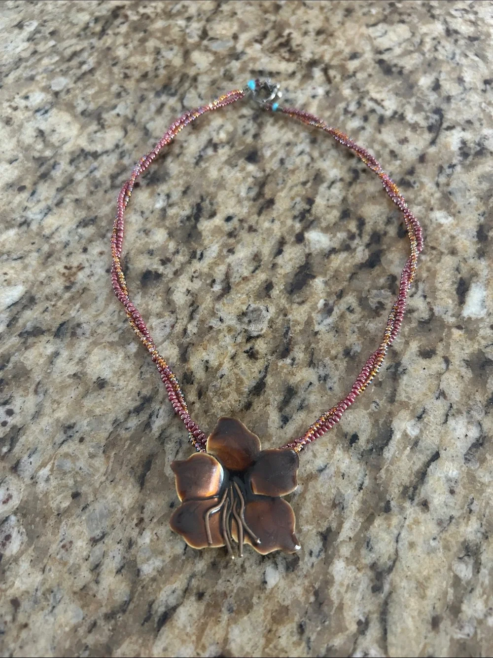 Copper Floral Pendant Necklace with Pink Beaded Cord